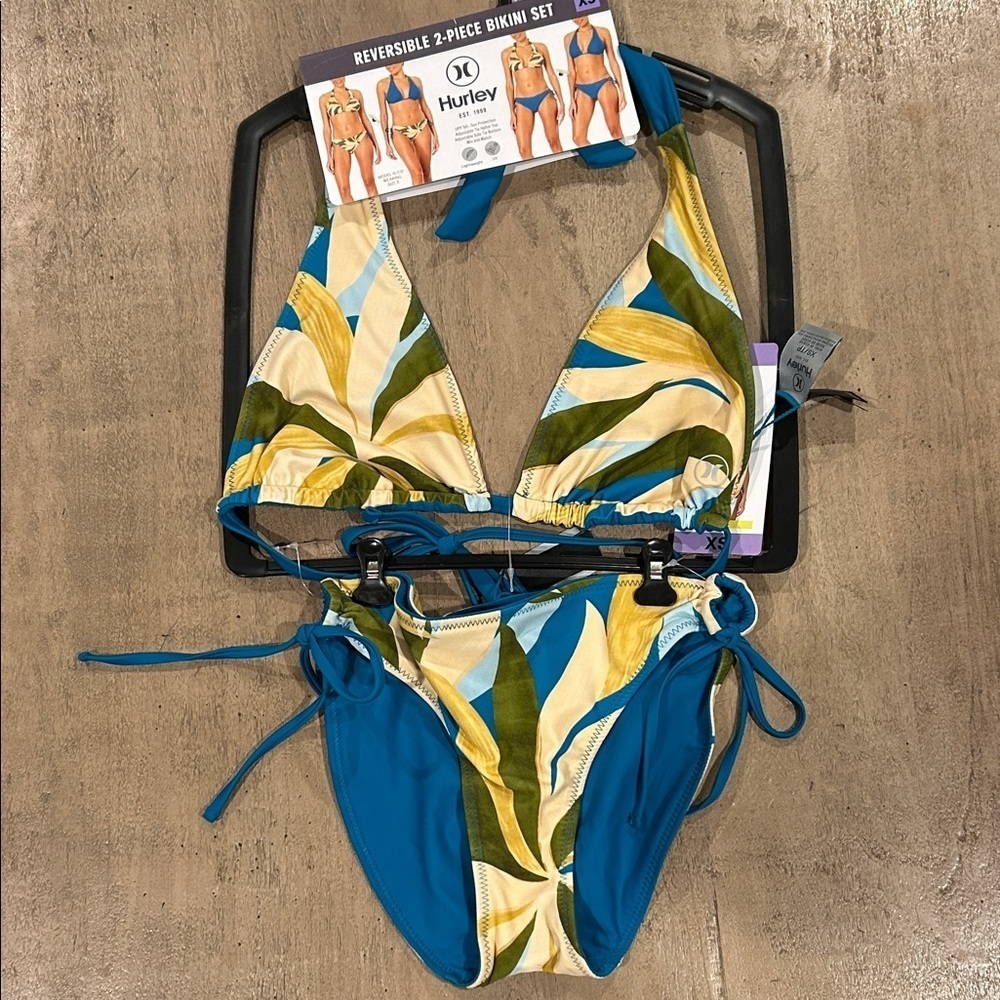 Hurley Women's Bikini Set - Blue and Yellow Leaf Print XS , reversible